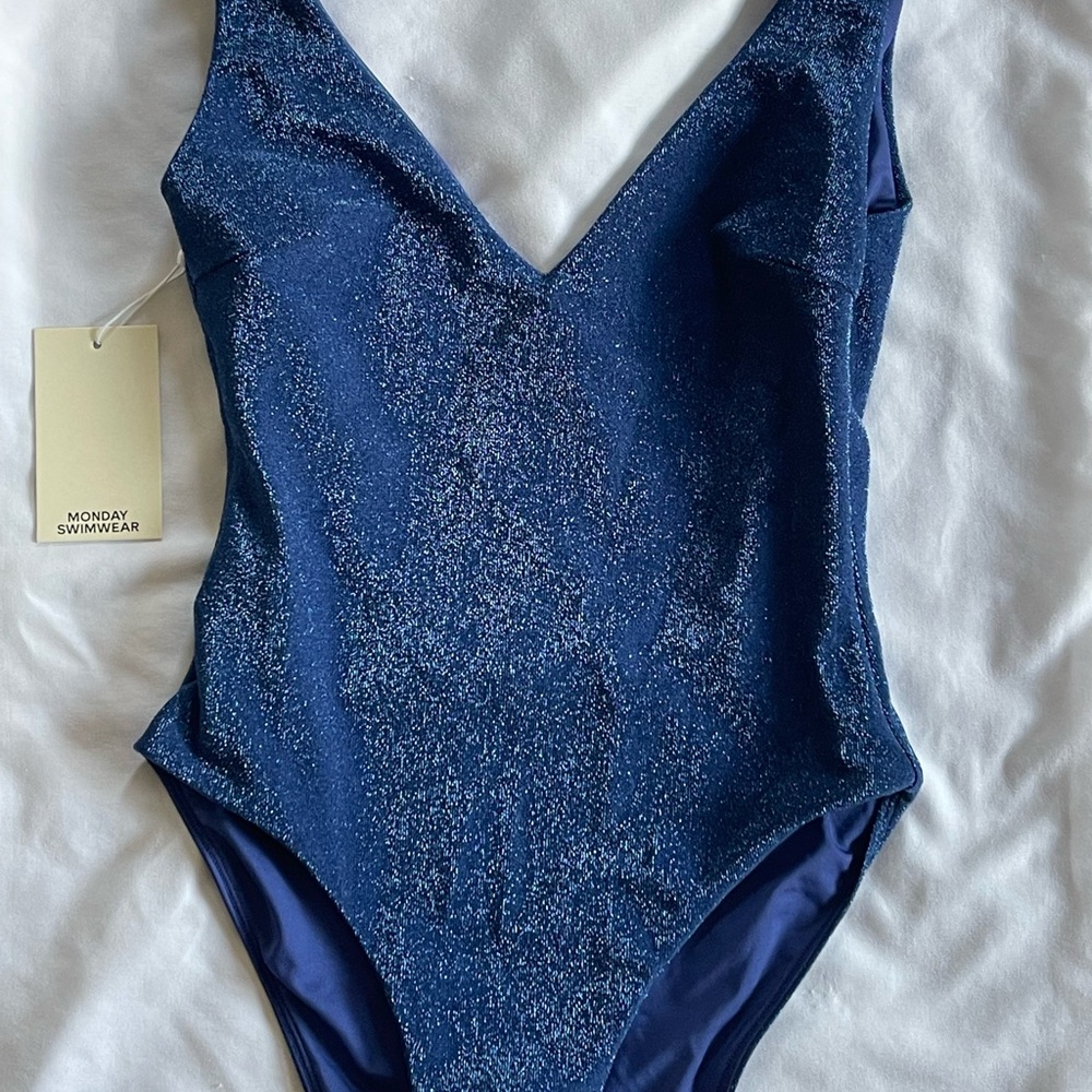 Monday Swimwear Blue One Piece with Deep V-Neckline
